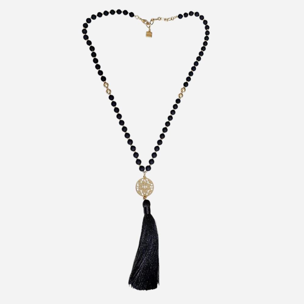 Zenzii Matte Black & Gold Tassel Statement Necklace